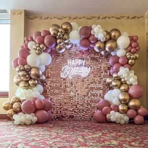 Birthday balloon decoration with rose gold sequin wall arch and neon Happy Birthday sign in Indore