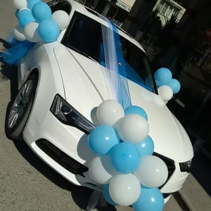 Blue and white balloon clusters with tulle net wedding car decoration in Indore