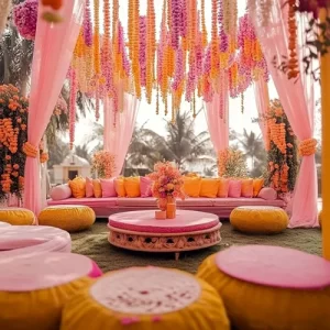 Carnival photo booth setup decoration with striped backdrop prop signs and balloon frame in Indore