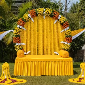 Haldi mehendi joint ceremony decoration with dual zone flower setup mehndi seating and stage in Indore