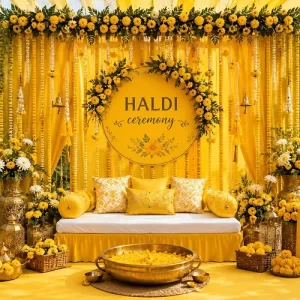 Sunflower haldi stage decoration with bright yellow sunflowers and greenery canopy in Indore
