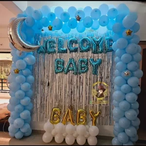 Welcome baby blue balloon gate arch decoration with silver fringe curtain and moon balloon in Indore