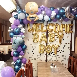 Welcome baby boy purple gold balloon decoration with balloon arch and Welcome Baby Boy foil letters in Indore