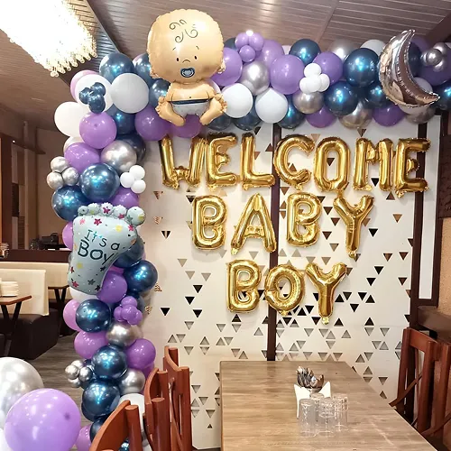 Welcome Baby Boy Purple Gold Balloon Decoration